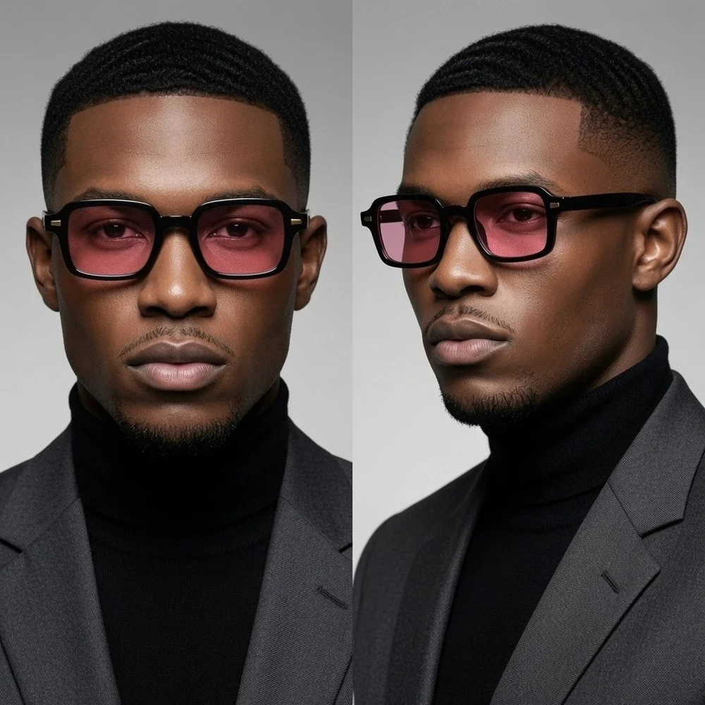 Mens Retro Square Sunglasses Black Frame Pink Tinted Lens Vintage Style Shades